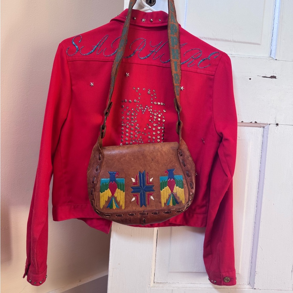 Western Vintage Red Studded Jean Jacket & Matching Leather Purse